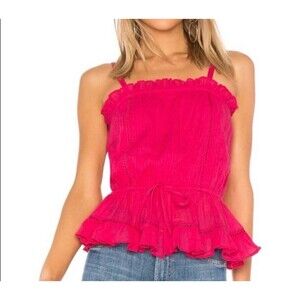 Lovers + Friends Womens Carmen Cami Tank Top Pink Medium Crinkle Cotton Ruffle
